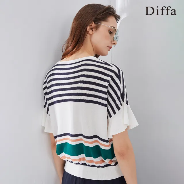 【Diffa】撞色條紋荷葉袖線衫-女