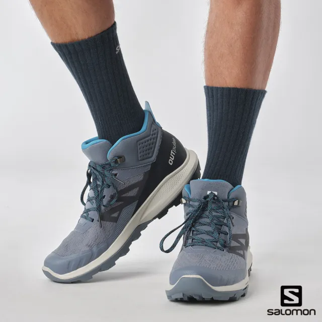 【salomon官方直營】男 OUTpulse Goretex 中筒登山鞋(瓷器藍/碳黑/月球岩灰)