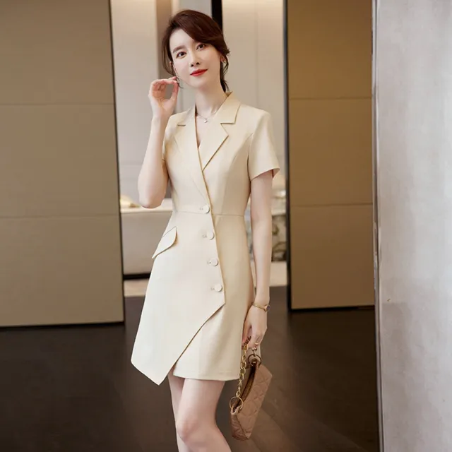 【SZ】玩美衣櫃純色洋裝職場西裝領氣質連身裙S-4XL(共五色)