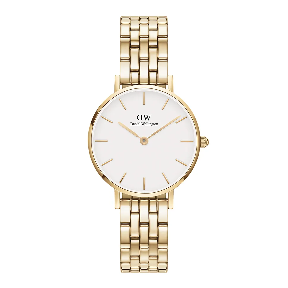 【Daniel Wellington】DW 手錶 Petite Evergold 28mm 香檳金珠寶式錶鏈-白錶盤(DW00100614)