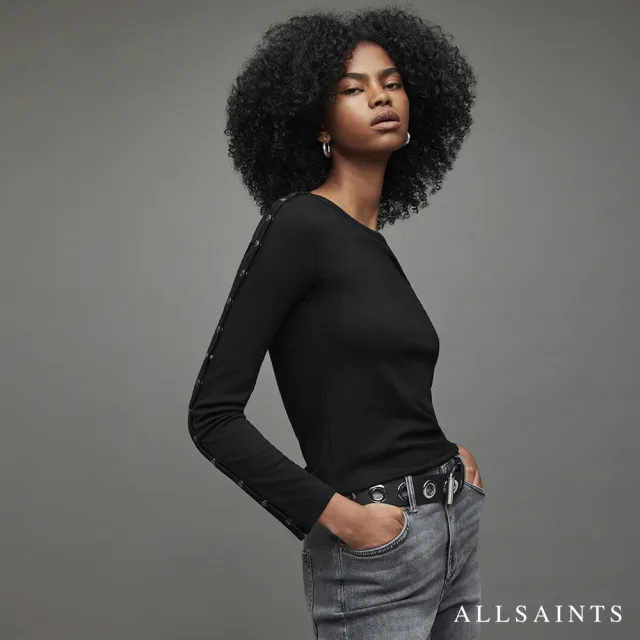 【ALLSAINTS】AVA 簡約素面金屬鈕扣長袖T恤 WM032X(修身版型)