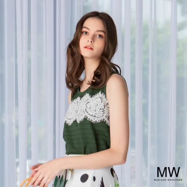 【MAGIQUE WARDROBE】圓領拚接蕾絲無袖背心上衣(深綠)