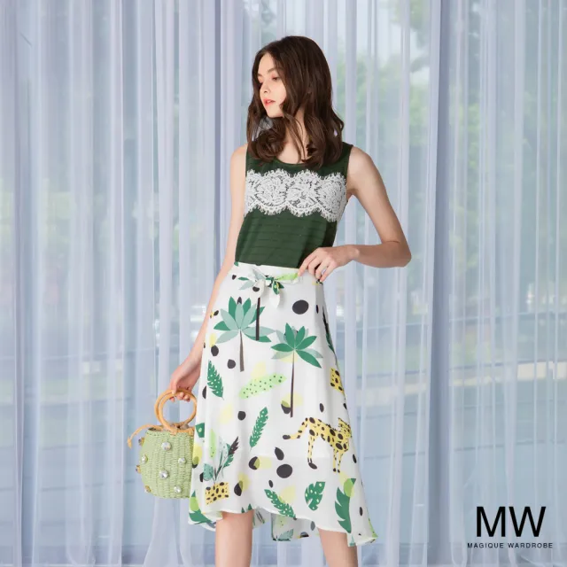 【MAGIQUE WARDROBE】圓領拚接蕾絲無袖背心上衣(深綠)
