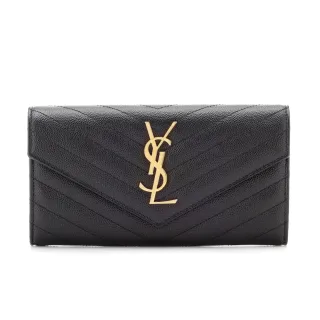 【YSL】SAINT LAURENT Monogram 皮革 信封式 扣式 皮夾 長夾 黑+金色 372264