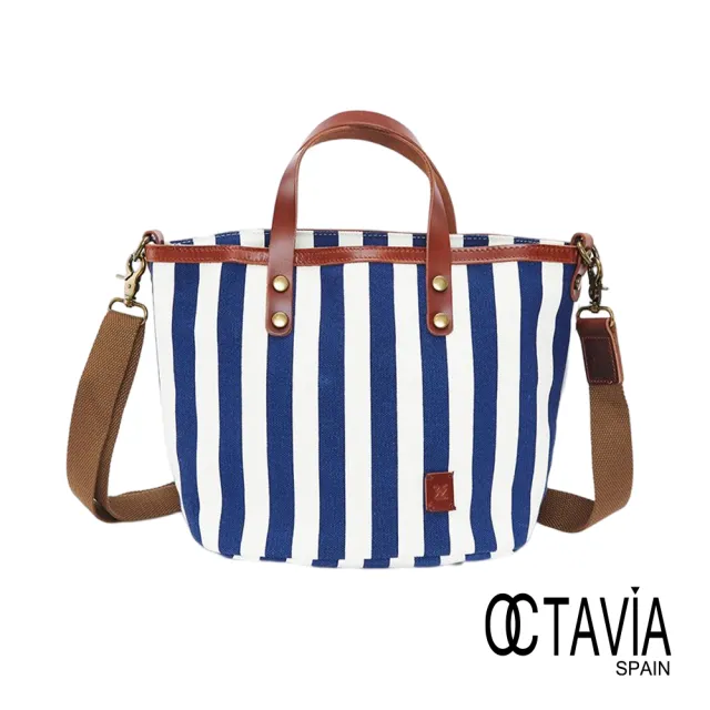 【OCTAVIA 8】雙11 OCTAVIA8 - 海風親吻 真皮配條紋帆布手提肩背包 - 藍白條