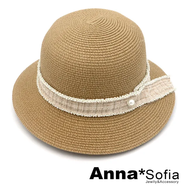 【AnnaSofia】遮陽帽防曬帽淑女帽網美渡假草帽海灘帽漁夫帽盆帽-小香風滾珠長帶 現貨(駝系)