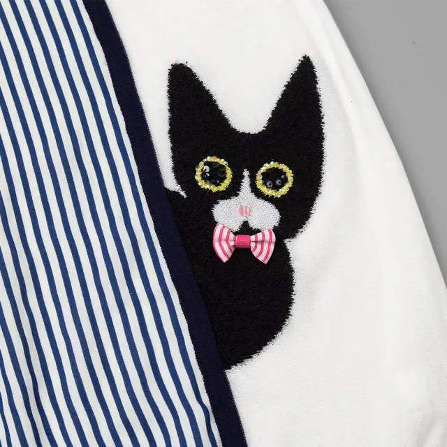 【ILEY 伊蕾】甜美小貓咪雪紡拼接針織上衣(深藍色；M-XL；1231405017)