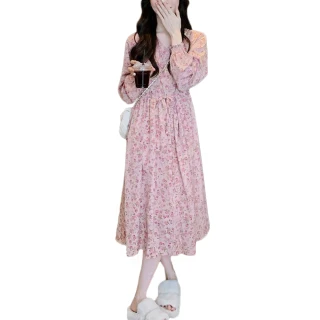 【MsMore】大碼淑女甜美v領系帶粉色碎花連身長裙顯瘦長袖長版洋裝#115577(粉紅)