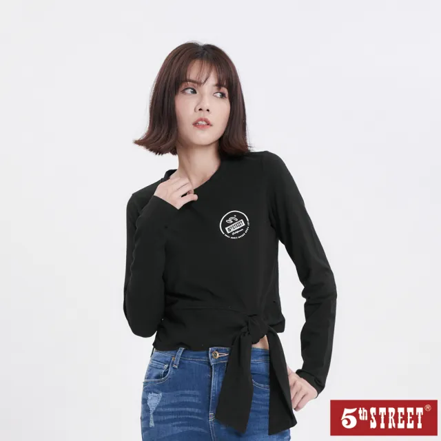 【5th STREET】雙11 女裝 造型綁帶修身長袖T恤(黑色)