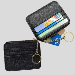 【旅行外出】皮革鑰匙圈卡夾包小零錢包(黑色 票卡 卡片夾 證件 悠遊卡套 信用卡 名片 工作證 感應卡)