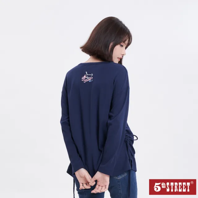 【5th STREET】雙11 女裝 貓咪印花綁帶長袖T恤(丈青)