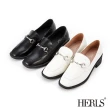【HERLS】樂福鞋-率性馬銜釦方頭粗跟樂福鞋(白色)