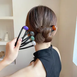 【INES】天然石髮簪 U型髮簪/韓國設計優雅氣質復古天然石珠飾U型髮簪 盤髮器(5色任選)