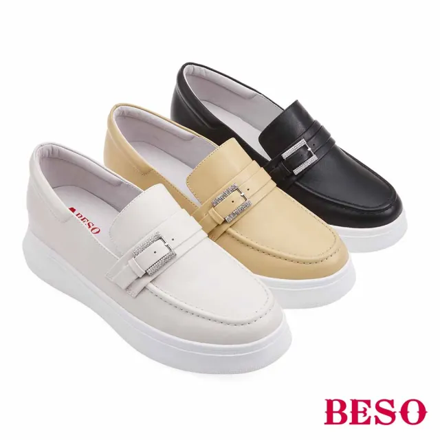 【A.S.O 阿瘦集團】BESO 柔軟羊皮條帶水鑽飾釦內增高休閒鞋(黑色)