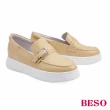 【A.S.O 阿瘦集團】BESO 柔軟羊皮條帶水鑽飾釦內增高休閒鞋(米黃色)