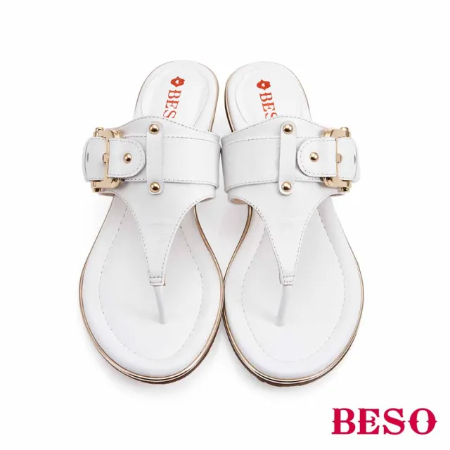 【A.S.O 阿瘦集團】BESO 柔軟牛皮金屬方釦楔型夾腳拖鞋(白色)