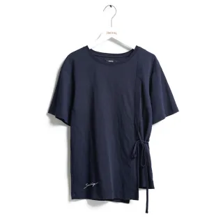 【SOMETHING】女裝 綁帶設計單衩剪裁短袖T恤(丈青色)