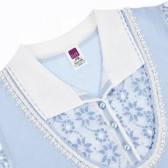 【ILEY 伊蕾】曲珠紗拼接蕾絲袖針織假兩件上衣(淺藍色；M-XL；1231405002)