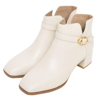 【Ann’S】知性小金環-顯瘦側V口羊皮真皮粗跟方頭短靴5cm(米白)