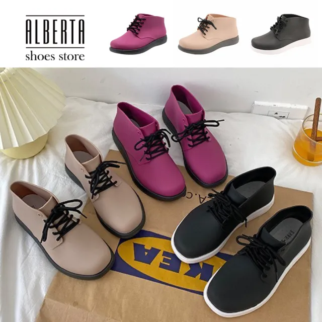 【Alberta】雨鞋 雨靴 短筒雨鞋 素色綁帶穿脫筒高6.5cm平底2.5cm防水包鞋