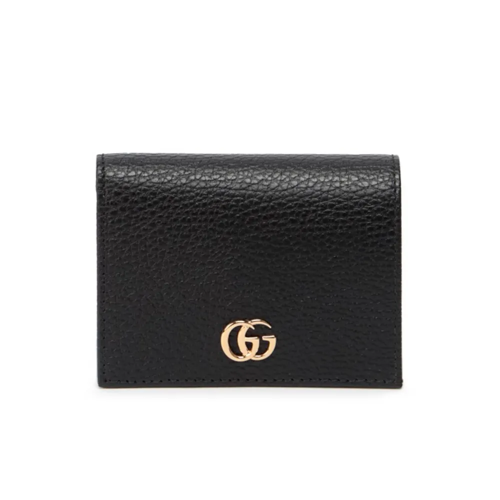 【GUCCI 古馳】經典金屬雙G 荔枝紋牛皮 暗釦 皮夾 短夾 黑色 456126