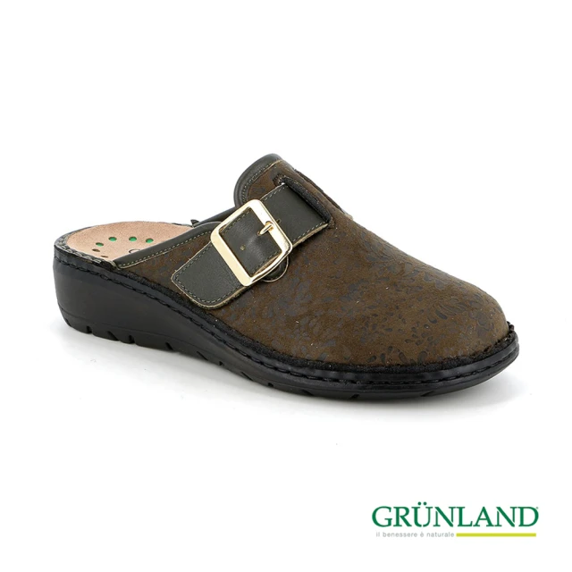 GRUNLAND 義大利手工彈力皮革拇指外翻吸濕透氣厚底前包拖鞋 印花綠(義大利進口健康舒適鞋)