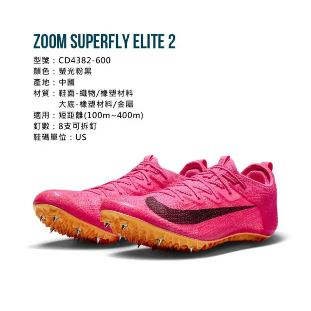 NIKE 耐吉】ZOOM SUPERFLY ELITE2 男女田徑釘鞋-短距離螢光粉黑(CD4382