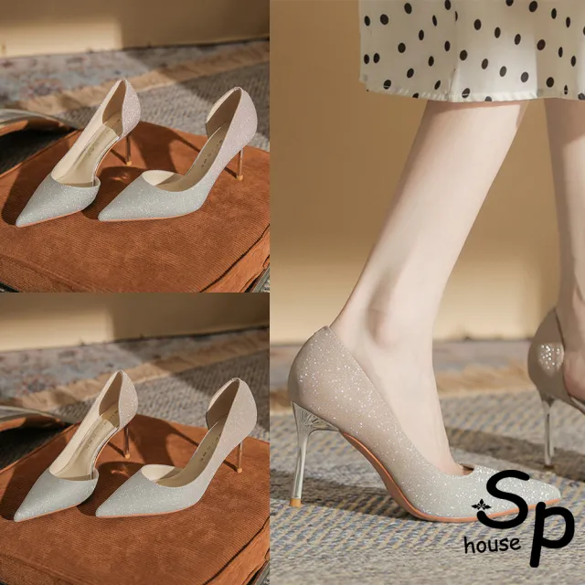 【Sp house】漸層春天亮片淺口尖頭細高跟鞋(2色可選)