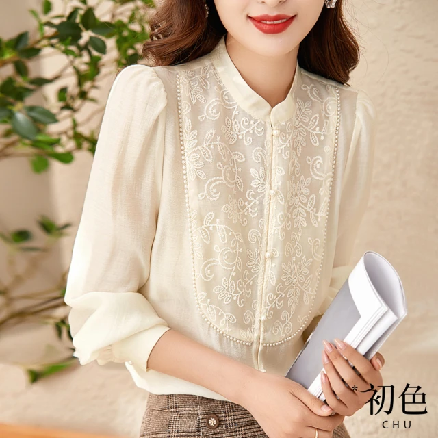 初色 國風不規則剪裁長袖短版針織上衣+V領純色寬肩無袖純色連