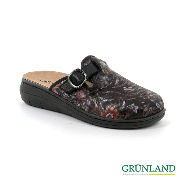 GRUNLAND 義大利手工彈力皮革拇指外翻吸濕透氣厚底前包拖鞋 黑花(義大利進口健康舒適鞋)