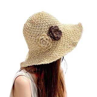 【89 zone】法式簡約花朵度假休閒 草帽 沙灘帽 太陽帽 大沿帽 防曬帽 遮陽帽(卡其/米)