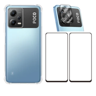 【RedMoon】POCO X5 5G 手機殼貼4件組 鏡頭增高四角防摔殼-9H保貼2入+3D全包鏡頭貼