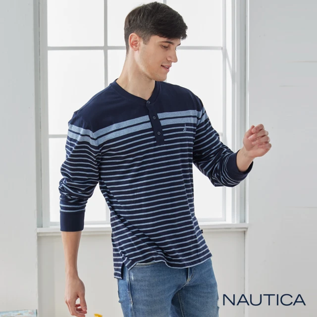 NAUTICA 男裝 亨利領長袖POLO衫(藍色)