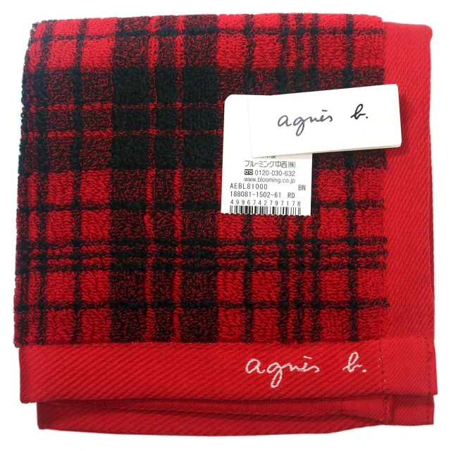 【agnes b.】草寫字母LOGO細方格純棉材質方巾(紅/黑)