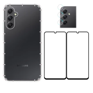 【RedMoon】三星 A34 5G 手機殼貼4件組 空壓殼-9H玻璃保貼2入+厚版鏡頭貼