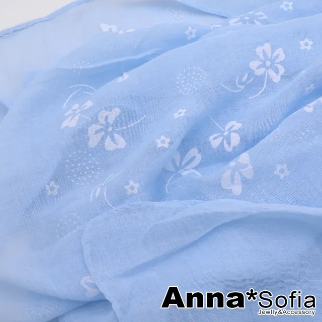 【AnnaSofia】柔軟棉麻感披肩圍巾-蕾絮絨花 現貨(藍系)