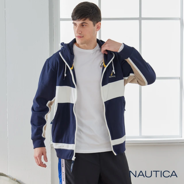 NAUTICA 男裝 時尚修身拼接刷毛外套(深藍色)