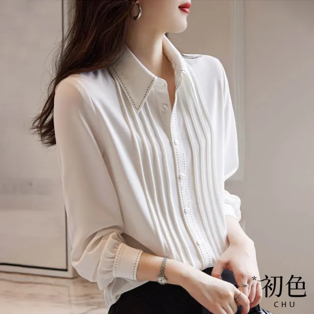 【初色】素色豎條壓痕黑色繡邊裝飾襯衫上衣女上衣-白色-66232(M-2XL可選)