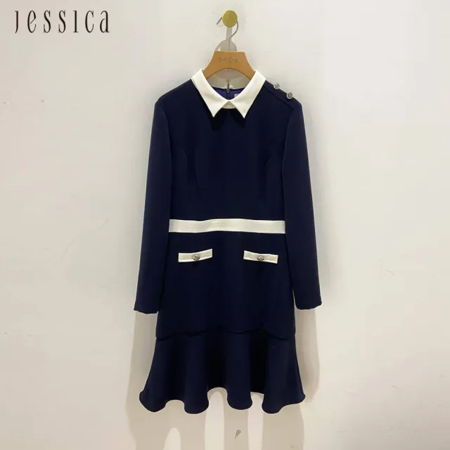 【JESSICA】氣質魚尾裙擺長袖雪紡洋裝修身顯瘦232274（深藍）