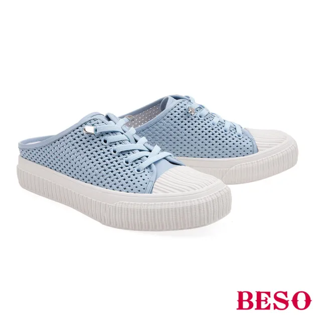 【A.S.O 阿瘦集團】BESO 質感羊皮壓紋編織沖孔方楦穆勒鞋(藍色)