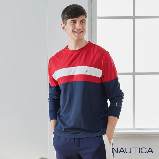 【NAUTICA】男裝 吸濕排汗撞色長袖T恤(深藍)