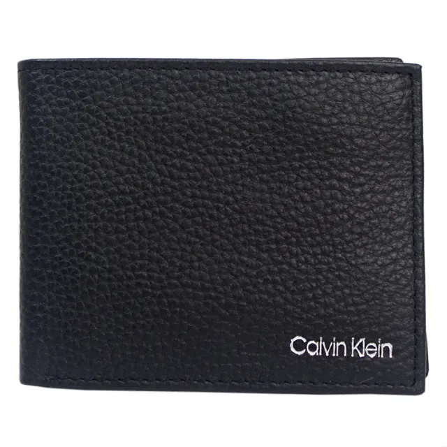 【Calvin Klein 凱文克萊】燙銀字母荔枝紋皮革證件短夾(黑)