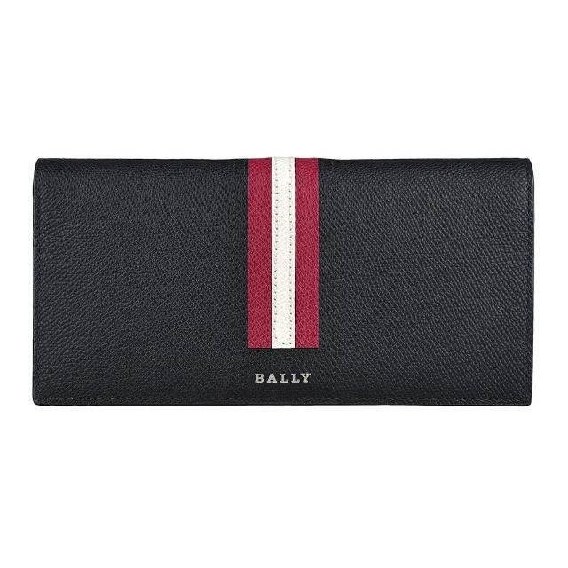 【BALLY】BALLY TONGY.LT立體銀字LOGO牛皮紅白條紋10卡對折長夾(黑)