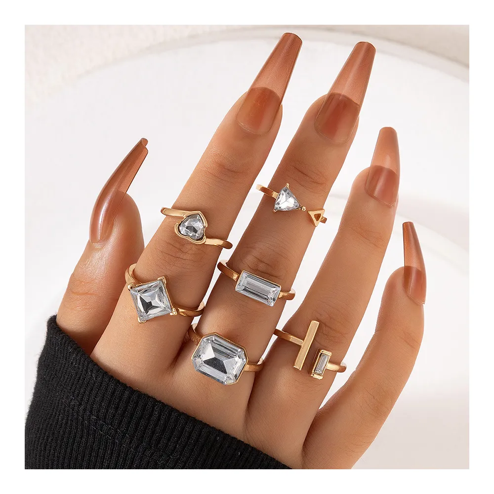 【I MISS U】歐美時尚幾何愛心寶石造型戒指6件套組(幾何戒指 愛心戒指 寶石戒指)