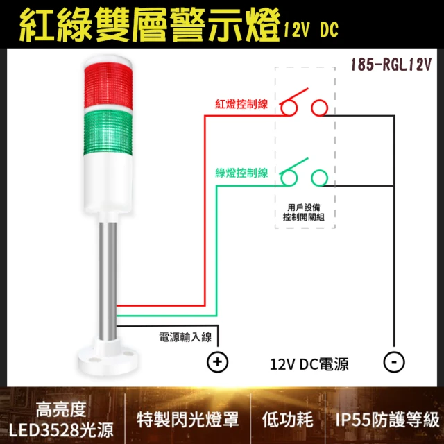 185-RGL12V 紅綠雙層警示燈 閃光燈 機床警示燈 警報燈 指示燈聲光報警 電信鐵塔(爆閃燈 12V DC)