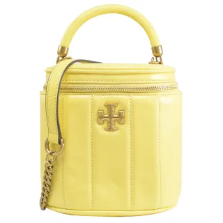 【TORY BURCH】品牌雙T字LOGO絎縫條紋皮革手提圓桶包兩用包(黃)