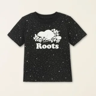 【Roots】Roots小童-星際遨遊系列 滿版星辰海狸LOGO有機棉短袖T恤(黑色)