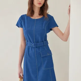 【ILEY 伊蕾】都會麗人明線裝飾腰帶洋裝(藍色；M-XL；1232167026)