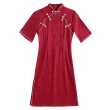 【KVOLL】玩美衣櫃紅色改良旗袍蕾絲復古中式開衩洋裝M-4XL