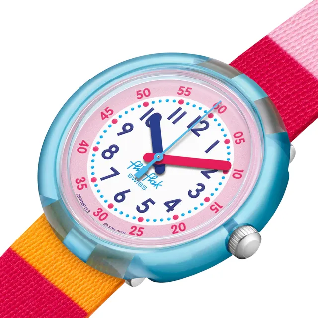 【Flik Flak】兒童手錶 撞色條紋 粉 STRIPY PINK 兒童錶 編織錶帶 瑞士錶 錶(31.85mm)